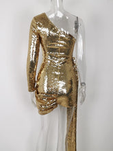 Afbeelding in Gallery-weergave laden, Goldenes Glitzer-Minikleid
